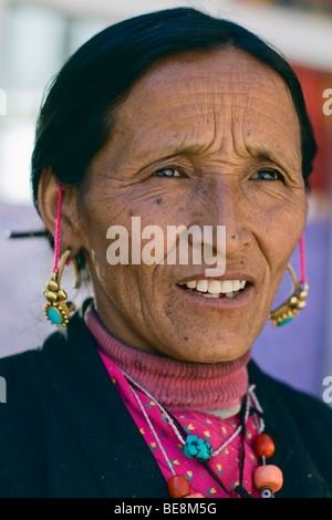 Portrait of a Tibetan Woman in the Langtang region of Nepal Stock Photo