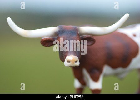 Texas longhorn plastic model cow photographed outside in a field. Stock Photo