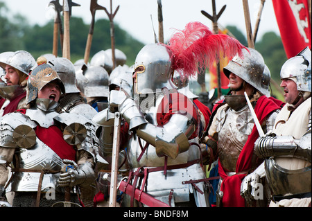 Knights in armor fighting on the battlefield at the re-enactment of the battle of Tewkesbury. Medieval festival 2010. Gloucestershire, England Stock Photo