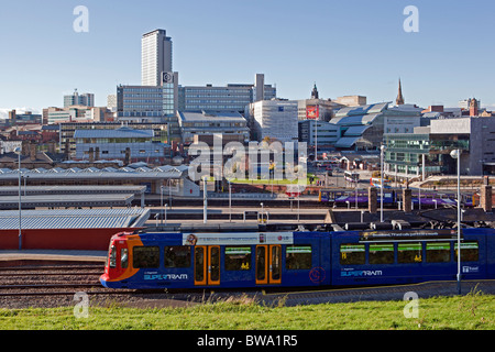 City Centre overview with Supertram, Sheffield Stock Photo