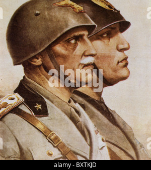 KING VICTOR EMMANUEL III of Italy in a propaganda poster next to Benito Mussolini at right about  1942 Stock Photo