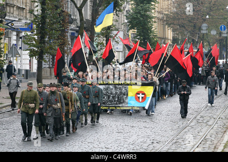 October 16, 2010. Ukrainian nationalists staging a march in downtown Lviv, Ukraine Stock Photo