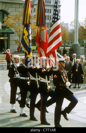 U.S. Marines parade at the Navy Memorial, Washington D.C., in 2000. Stock Photo