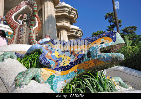 Gaudi's mosaic dragon fountain, Park Guell, Gràcia District, Barcelona, Province of Barcelona, Catalonia, Spain Stock Photo