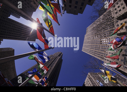 Rockefeller Center, Manhattan, New York City, NY, USA, United States, America, flags Stock Photo