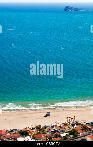 Section aerial view of Poniente beach and Island in Benidorm, Alicante Province, Costa Blanca, Land Valencia, Spain Stock Photo