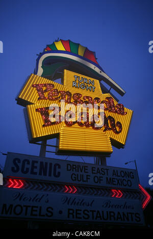 Sep 24, 2007 - Pensacola Beach, Florida, USA - The famous Pensacola Beach sign that has pointed the way to Pensacola Beach for nearly half a century is now fully repaired. The sign is a familiar landmark at the foot of the Bob Sikes Bridge overpass and was heavily damaged by hurricanes and tropical  Stock Photo