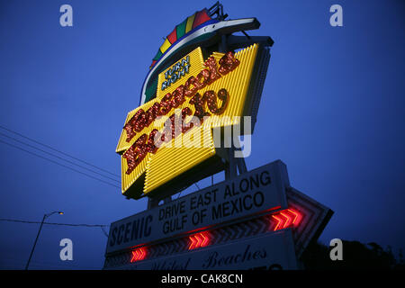 Sep 24, 2007 - Pensacola Beach, Florida, USA - The famous Pensacola Beach sign that has pointed the way to Pensacola Beach for nearly half a century is now fully repaired. The sign is a familiar landmark at the foot of the Bob Sikes Bridge overpass and was heavily damaged by hurricanes and tropical  Stock Photo