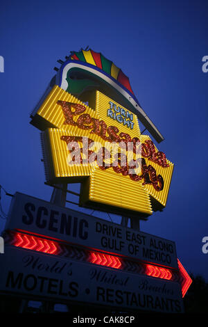 Sep 24, 2007 - Pensacola Beach, Florida, USA - The famous Pensacola Beach sign that has pointed the way to Pensacola Beach for nearly half a century is now fully repaired. The sign is a familiar landmark at the foot of the Bob Sikes Bridge overpass and was heavily damaged by hurricanes and tropical  Stock Photo