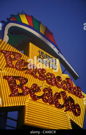 Sep 24, 2007 - Pensacola Beach, Florida, USA - The famous Pensacola Beach sign that has pointed the way to Pensacola Beach for nearly half a century is now fully repaired. The sign is a familiar landmark at the foot of the Bob Sikes Bridge overpass and was heavily damaged by hurricanes and tropical  Stock Photo