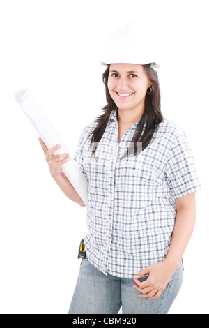 Architect wearing a helmet and smiling, isolated on white Stock Photo