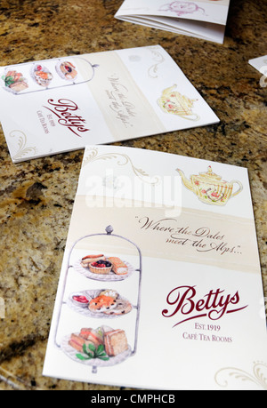 Menus on a table in Bettys tea Rooms, York, UK Stock Photo