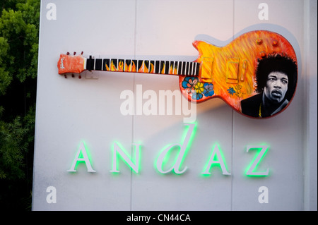 A sign on the Andaz Hotel on the Sunset Strip in Los Angeles features a guitar with an image of Jimi Hendrix. Stock Photo