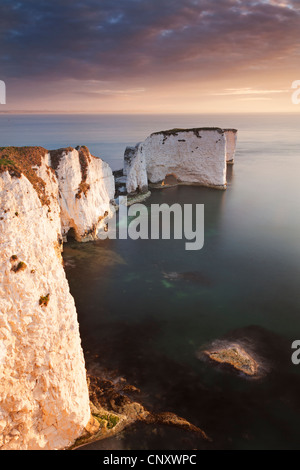 Old Harry Rocks at sunrise, Studland, Dorset, England. Spring (April) 2012. Stock Photo