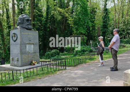 VISITORS TO KARL MARX TOMB IN HIGHGATE CEMETERY, LONDON, UK Stock Photo