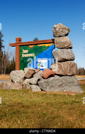 Sign at the entrance to Two Harbors, Minnesota on the scenic North Shore. Stock Photo