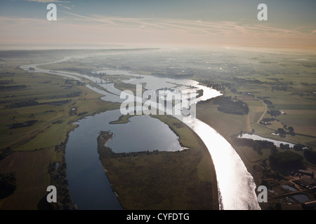 The Netherlands, Maurik, Yacht-basin, Flood-control dam in Lek river, also called: Neder-Rijn. Aerial Stock Photo