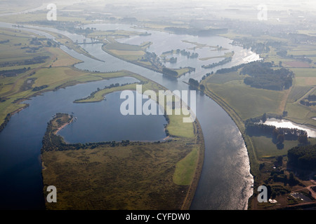 The Netherlands, Maurik, Yacht-basin, Flood-control dam in Lek river, also called: Neder-Rijn. Aerial Stock Photo