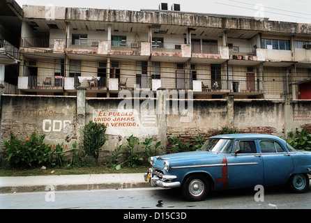 Santiago de Cuba, Cuba, blue vintage faces a tenement Stock Photo