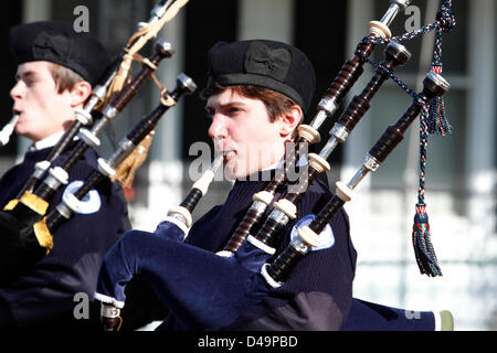 South Amboy, NJ, USA. 9th March, 2013. Bagpipe playesr marching in the St. Patrick's Day Parade in South Amboy, NJ Stock Photo