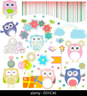 Set of birthday party elements with owls Stock Photo