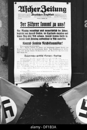 The image from the Nazi Propaganda! shows the newspaper of Asch of 2 October 1938 that announced the arrival of Adolf HItler in Asch on 3 October 1938, after the Munich Agreement of 29 September 1938. Fotoarchiv für Zeitgeschichte Stock Photo