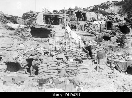 Australian troops dug into the hillside at Gaba Tepe on the Gallipoli peninsular Stock Photo