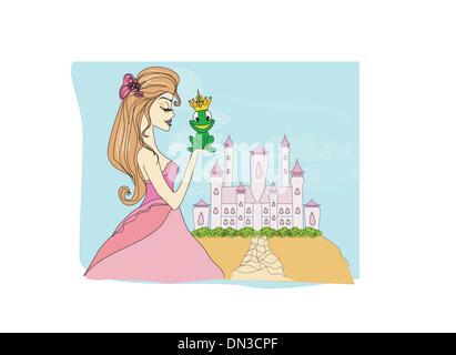 Beautiful young princess kissing a big frog Stock Vector