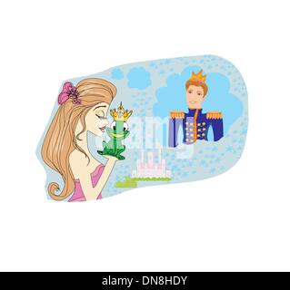 Beautiful young princess kissing a big frog Stock Vector