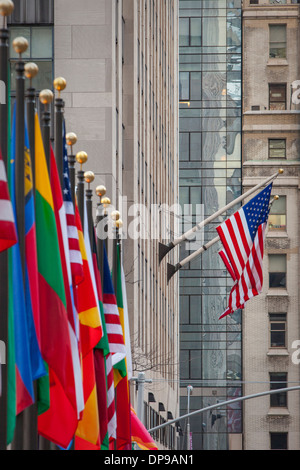 International flags on display at Rockefeller Center, Manhattan, New York City, USA Stock Photo