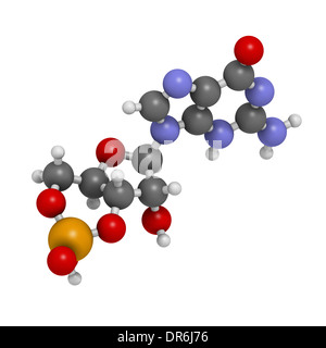 Cyclic guanosine monophosphate (cGMP) molecule. Important second messenger, produced by guanylate cyclase. Stock Photo