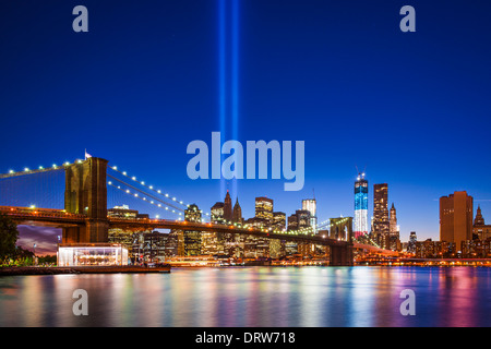 New York City with September 11 Tribute in Light. Stock Photo