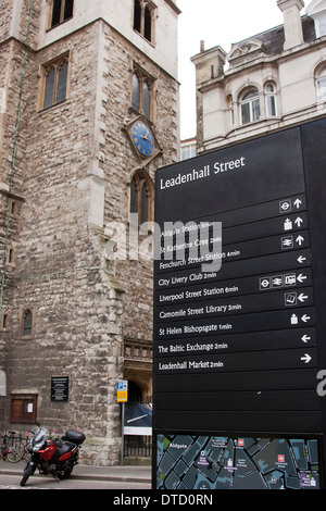 Local area map with points of interest around Leadenhall Street. In the background is the Church St Andrew Undershaft. Stock Photo