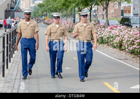 United States Lance Corporals Marines walk in New York City during the Fleet Week celebration. Stock Photo