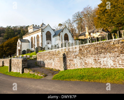 The Church of All Saints Selworthy, Somerset, England a whitewashed 15th-century building with a 14th-century tower. Stock Photo