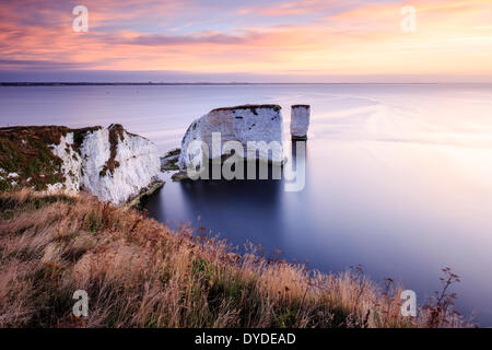 Sunrise over Old Harry Rocks in Dorset. Stock Photo