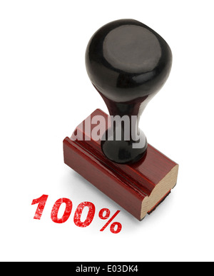 Red 100% Stamp with Wood Handle Stamper Isolated on White Background. Stock Photo