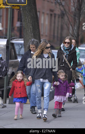 Sarah Jessica Parker heads on a school run with her kids in the West Village  Featuring: Sarah Jessica Parker,Tabitha and Marion Broderick Where: New York , New York , United States When: 26 Feb 2013 Stock Photo