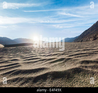 Sand dunes in Himalayas on sunrise. Hunder, Nubra valley, Ladakh, India Stock Photo