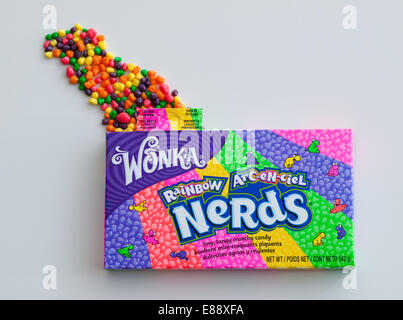 A box of Rainbow Nerds candy, currently sold by Nestlé under their Willy Wonka Candy Company brand. Stock Photo