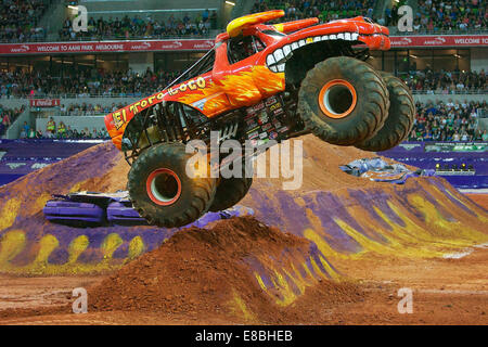 Melbourne, VICTORIA, AUSTRALIA, Australia. 4th Oct, 2014. LUPE SOZA driving El Toro Loco drives over a jump during the 2014 Monster Jam at AAMI Park, Melbourne, Australia. Credit:  Tom Griffiths/ZUMA Wire/Alamy Live News Stock Photo