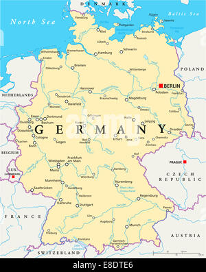 Germany Political Map with capital Berlin, national borders, most important cities, rivers and lakes. English labeling/scaling. Stock Photo