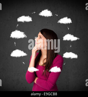 Young woman thinking with cloud circulation around her head Stock Photo