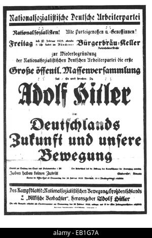 A militant brochure from the National Socialist Movement of Greater Germany and the Nazi newspaper 'Voelkische Beobachter,' published by Adolf Hitler reads: Call for grand public mass assembly with Adolf Hitler for the re-founding of the National Socialist German Workers' Party (NSDAP, Nazi Party) on 27 February 1925 at the Buergerbraeu-Keller in Munich. Fotoarchiv für Zeitgeschichtee - NO WIRE SERVICE Stock Photo