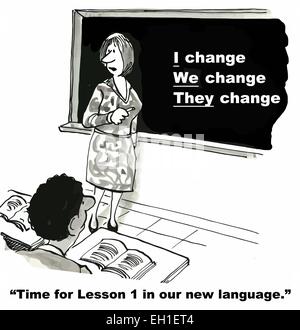 Cartoon on change management business seminar - a new language - I, we, they change. Stock Vector