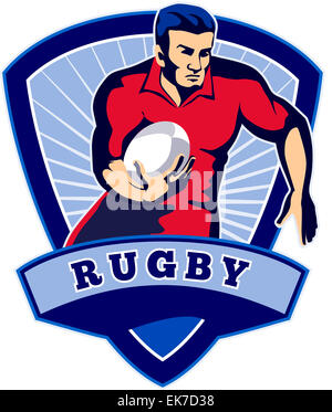 Rugby player running ball front shield Stock Photo