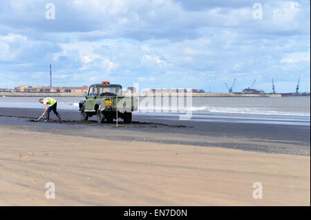 Man collecting sea-coal on Seaton Carew beach near Hartlepool, UK Stock Photo