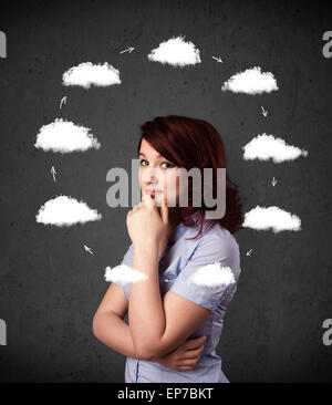 Young woman thinking with cloud circulation around her head Stock Photo