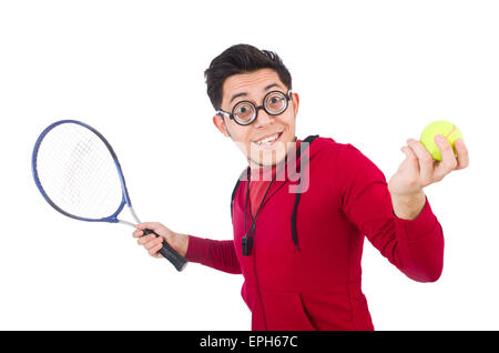 Funny tennis player isolated on white Stock Photo