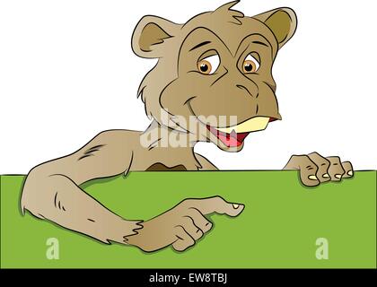 Vector illustration of a monkey pointing at blank colored banner. Stock Vector